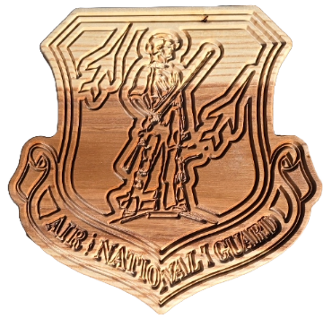Wooden emblem with Air National Guard insignia on a white background