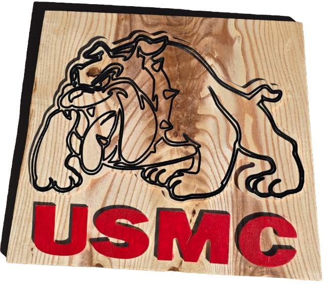 JB - signs - U S Marines red letters on raised live edge wood
